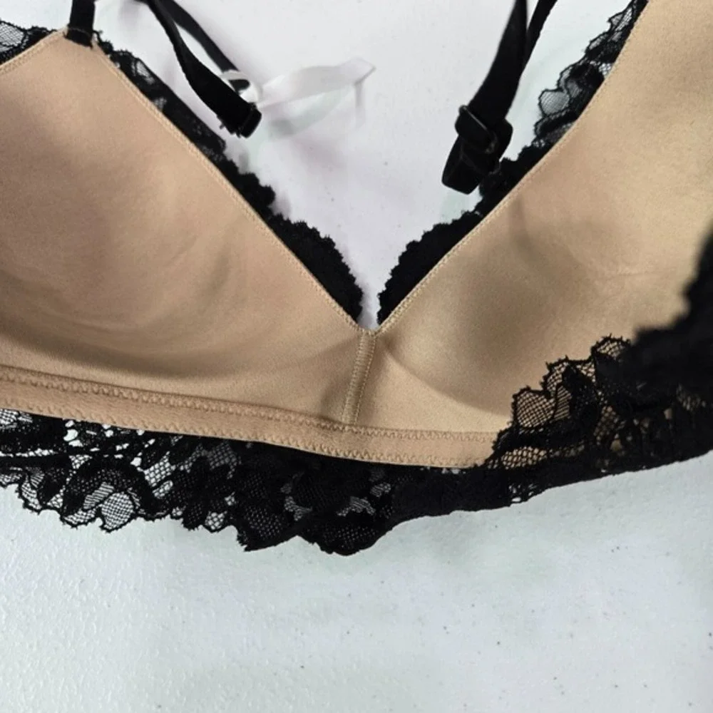 Aerie Women Bra 32C Black‎ Lace Long Line Nude Lightly Lined Adjustable Straps